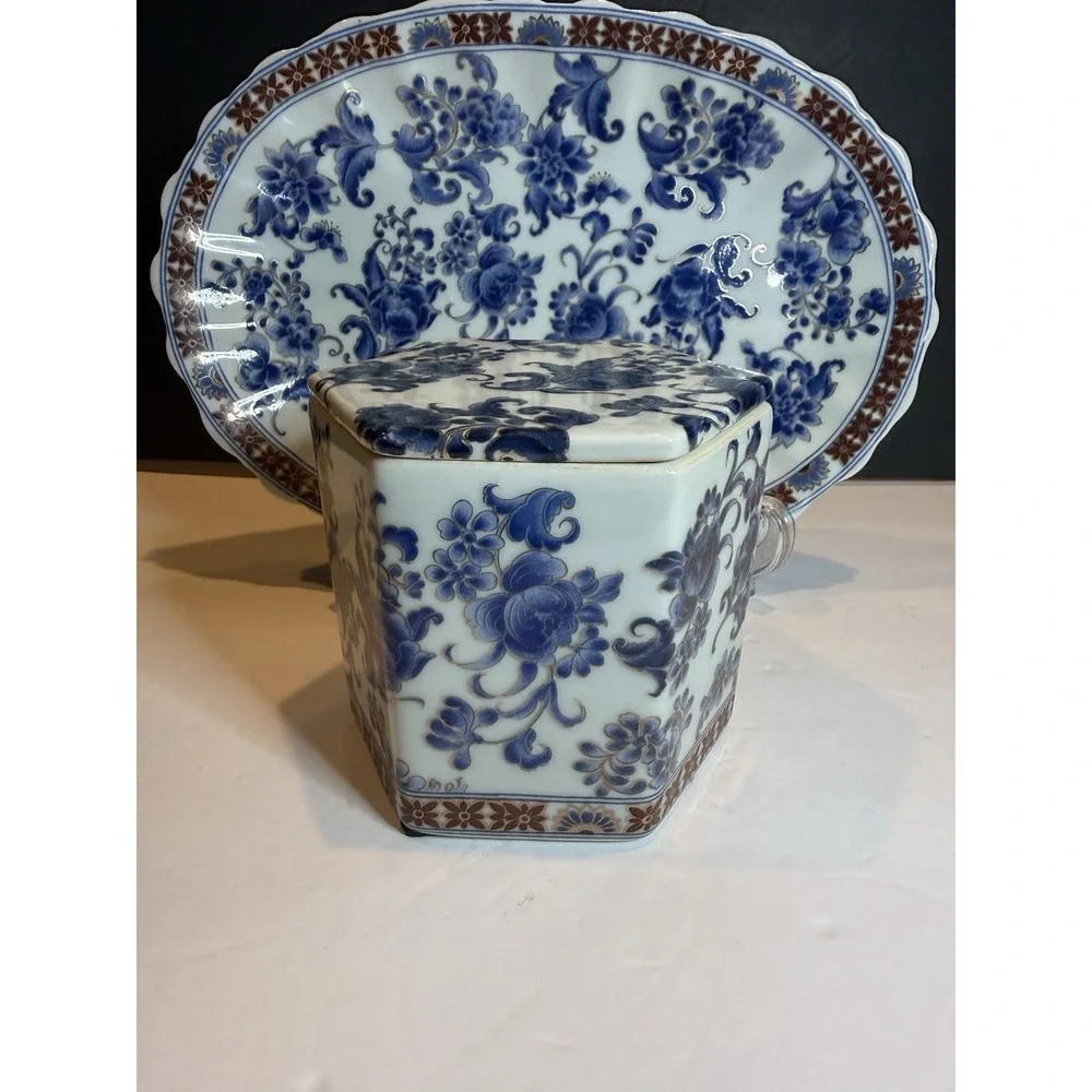 Blue & White Floral Porcelain Decorative Tray and Covered Box Set